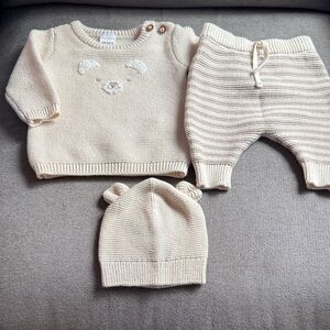 Cream Knit Baby Sweater, Pants, and Hat Set